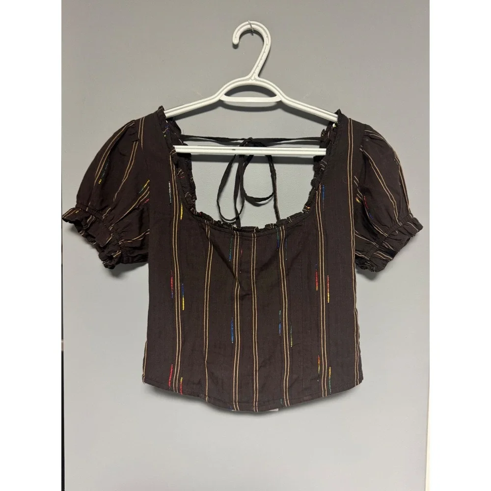Free People Women's Seratonin XS Brown Striped Smocked Back Puff Sleeve Top NWT
